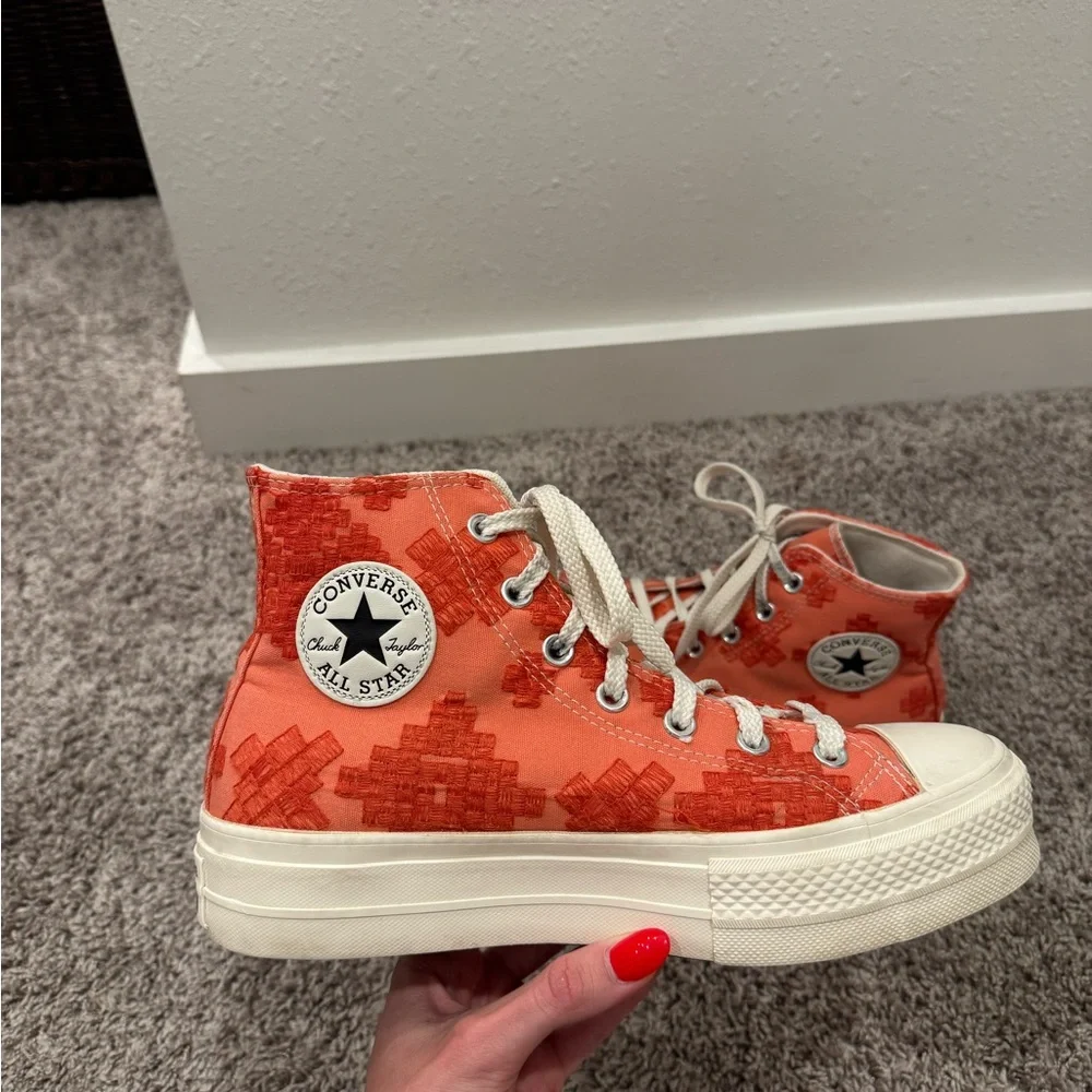 Unique peach orange Converse platform high tops size 9 embroidery design
